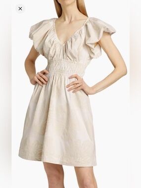 Marie Oliver Emilia White & Beige Floral Fit-and-Flare Dress Size Medium